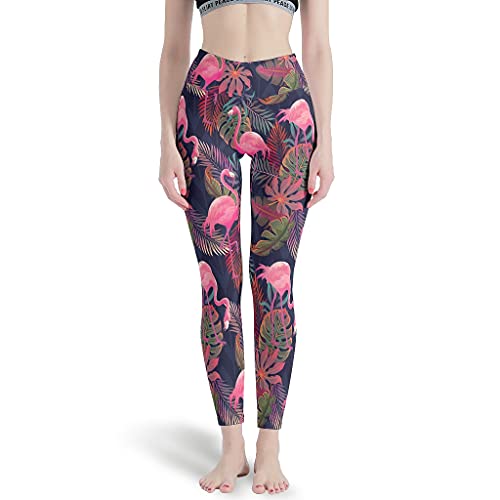 Gamoii Damen Sports Leggings Flamingo Tropische Pflanzen Banane Palmenblätter Bedruckte Sporthose Yogahose Hohe Taille Push Up Leggings White S von Gamoii