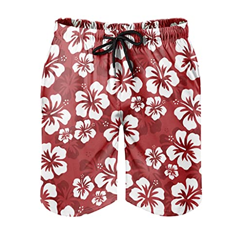 Herren Beachshorts Badehose Hawaii Hibiskus Blumen Rot Bademode Modern 3D Druck Mesh Futter Strand Kurze Hose Sporthose Einstellbare Kordelzug Seitlichen Taschen White L von Gamoii
