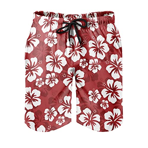Herren Beachshorts Badehose Hawaii Hibiskus Blumen Rot Surfen Boardshorts Classics 3D Druck mit Mesh-Futter Schwimmen Shorts Freizeit Kurze Einstellbare Kordelzug Taschen White M von Gamoii