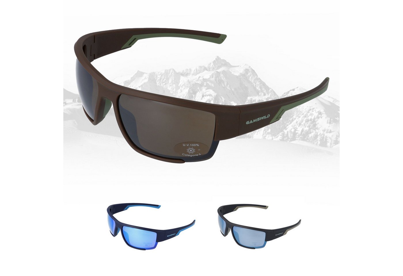 Gamswild Sportbrille UV400 Sonnenbrille Skibrille Fahrradbrille breite Bügel/Zugluftschutz, Damen Herren Modell WS7133 in schwarz, braun, blau von Gamswild