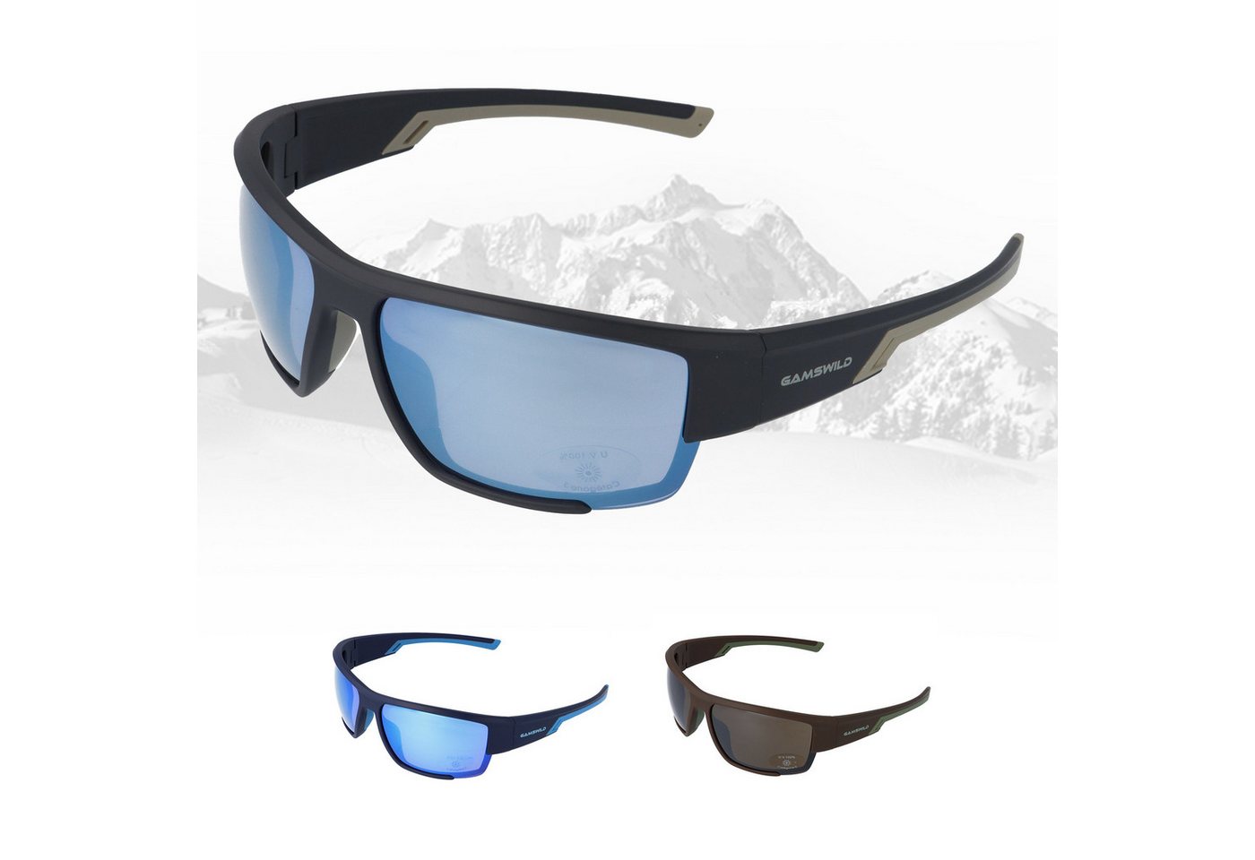 Gamswild Sportbrille UV400 Sonnenbrille Skibrille Fahrradbrille breite Bügel/Zugluftschutz, Damen Herren Modell WS7133 in schwarz, braun, blau von Gamswild