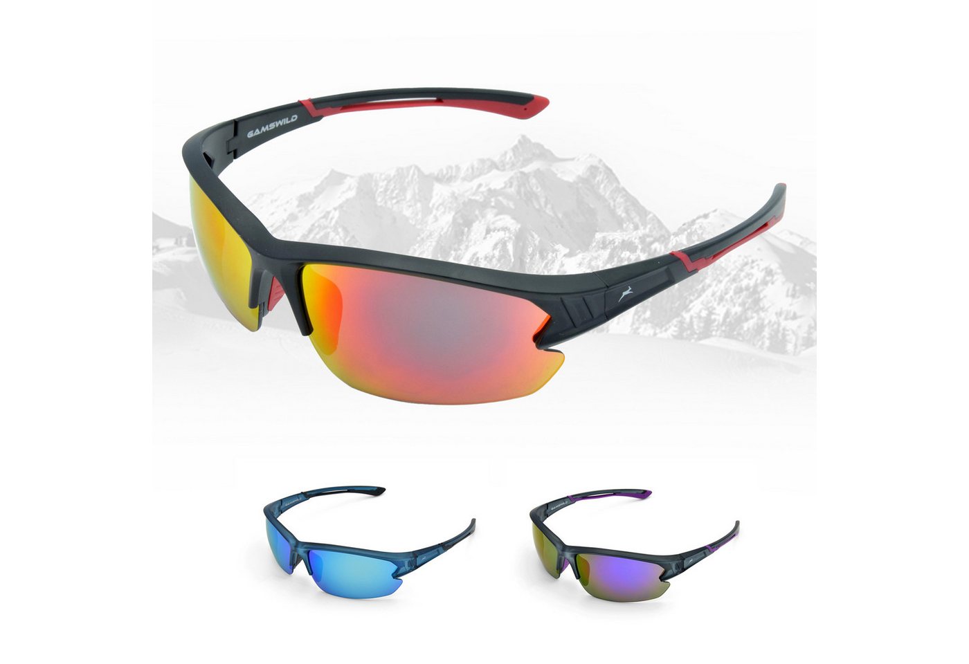 Gamswild Sportbrille UV400 Sonnenbrille Skibrille Fahrradbrille Halbrahmenbrille Damen, Herren Modell WS6028 in, blau, rot-orange, violett von Gamswild