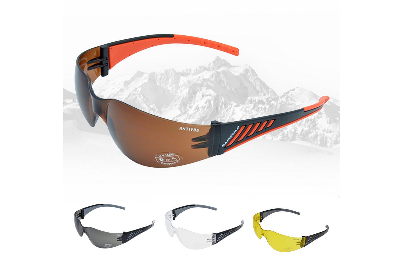 Gamswild Sportbrille UV400 Sonnenbrille Fahrradbrille Skibrille ANTIFOG Damen, Herren Modell WS7122 in brau, grau, orange von Gamswild