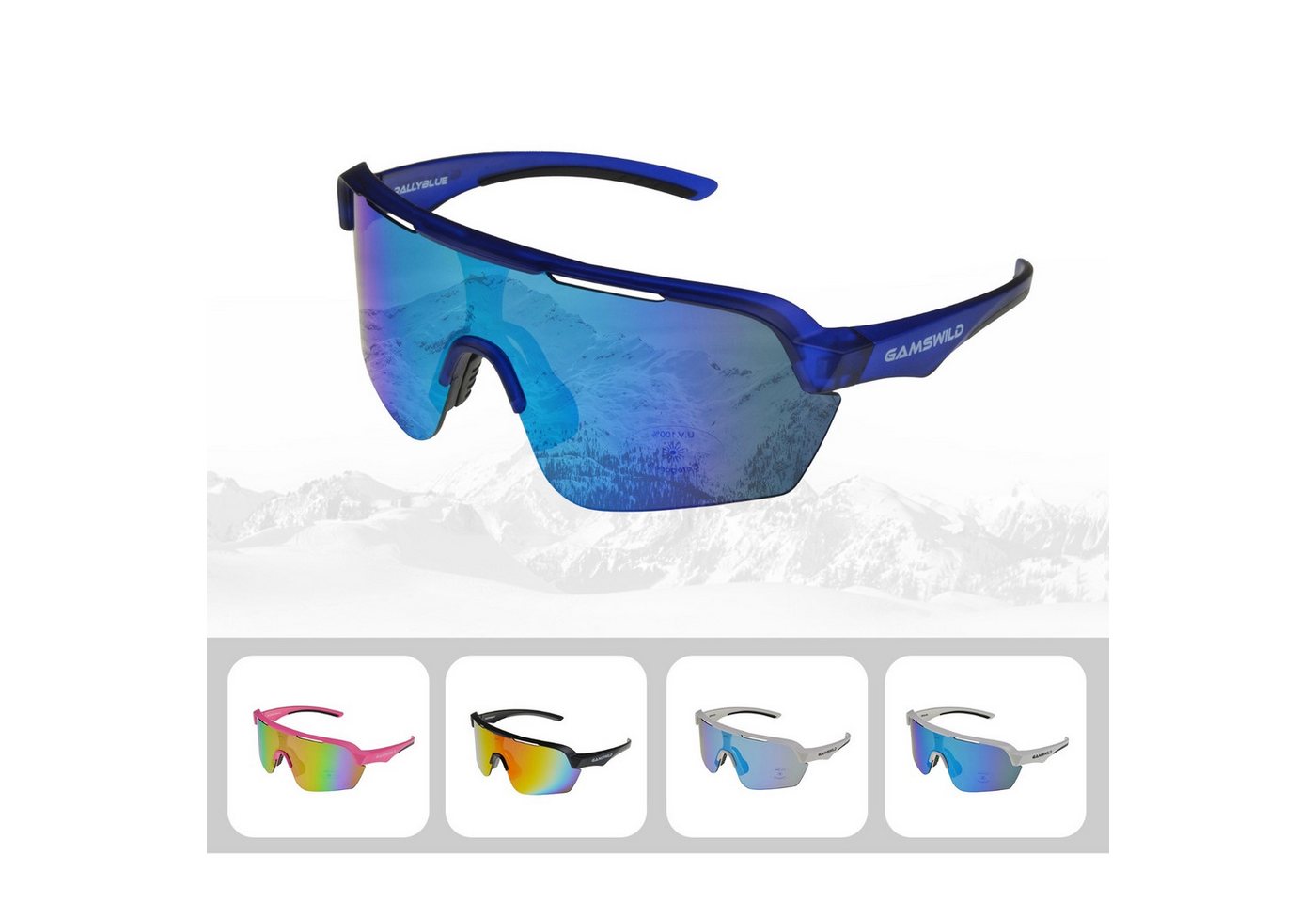 Gamswild Sportbrille UV400 Sonnenbrille Skibrille Fahrradbrille extra große Scheibe Damen, Herren Modell WS7138 in, pink, weiß, blau, schwarz, mintgrün von Gamswild