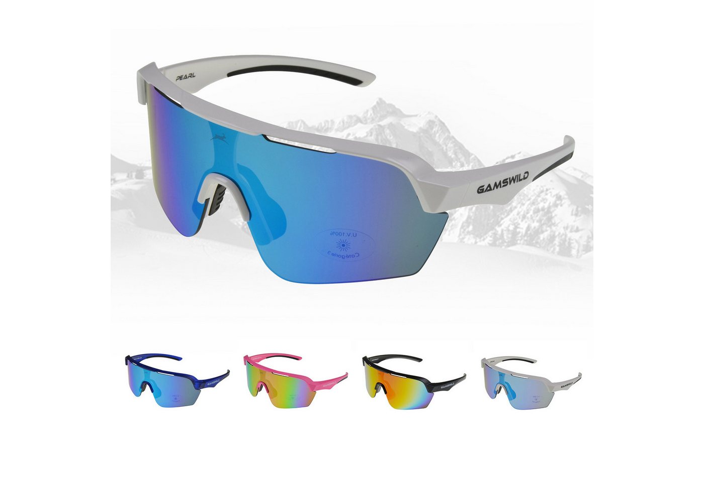 Gamswild Sportbrille UV400 Sonnenbrille Skibrille Fahrradbrille extra große Scheibe Damen, Herren Modell WS7138 in, pink, weiß, blau, schwarz, mintgrün von Gamswild