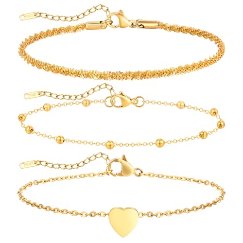 3PCS Layered Fußkettchen für Damen - Edelstahl Verstellbare Schmetterling Herz Doppelte Fussketten Strand Fußschmuck Seil Link Strand Fußke Gold Fußkettchen für Frauen Teenager Mädchen (Gold 3) von Gamtic