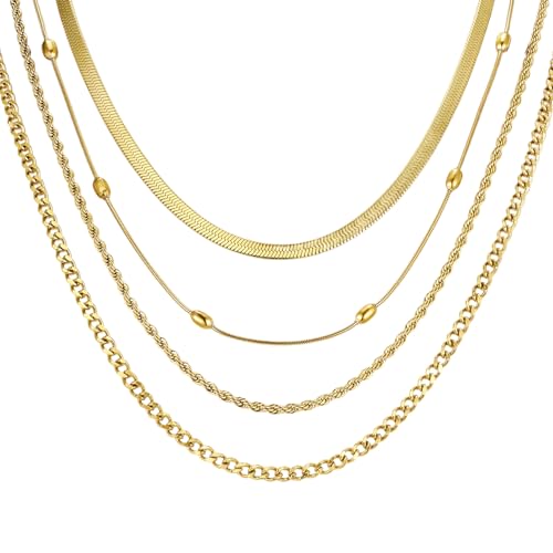 4Pcs Gold Edelstahl Halskette Damen - 18K Gold Vergoldet Ketten Gestapelte Halskette Damen Perlen Kette Schlangenkette Figaro Stapelbar Halskette Damen (Style 2) von Gamtic