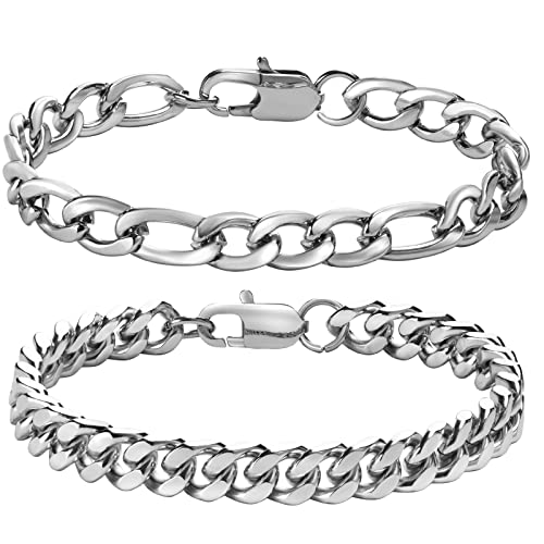 Armband Herren Jungs Edelstahl 2 Stücke- Herrenarmbänder Silber Herren Armband Figaro+Kubanisch 19cm Geschenk für Ihn DAD Freund Ehemann Bruder von Gamtic