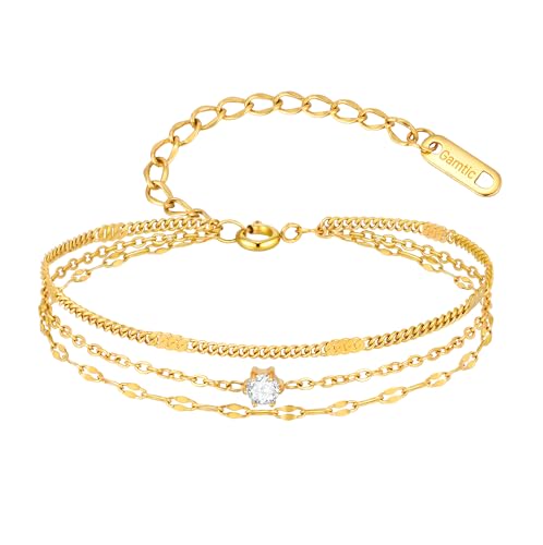 Gamtic Armband Damen Verstellbare Armkette - Edelstahl Drei Layered Superfeines Kettenarmband Zirkonia 14K Vergoldet Armbänder Schmuck Geschenk Freundschaft von Gamtic