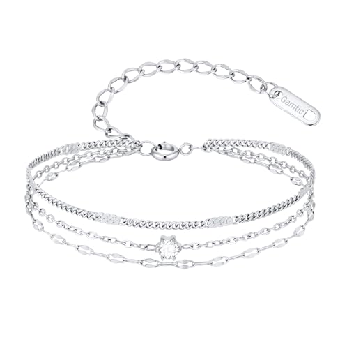 Gamtic Armband Damen Verstellbare Armkette - Edelstahl Drei Layered Superfeines Kettenarmband Zirkonia Silber Armbänder Schmuck Geschenk Freundschaft von Gamtic