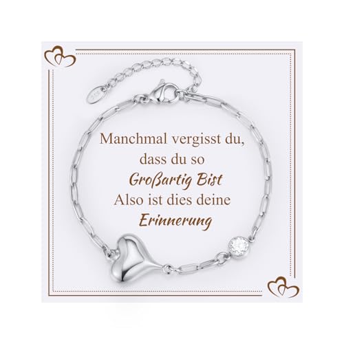 Gamtic Damen Armband Herz Edelstahl Zirkonia - 14K Vergoldet Armkette Silber Armbänder Verstellbare Kettenarmband CZ Modeschmuck Freundschaft Geschenk für Damen Mädchen (Silber) von Gamtic