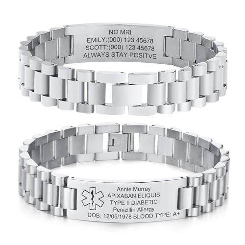 Gamtic Personalisiertes Medizinisches SOS ID Armband - Verstellbares Edelstahl Mit Knebelverschluss, Gravur Krankheit Notrufnummer für Herren (Silber) von Gamtic