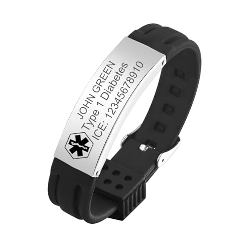 Gamtic Personalisierte Notfallarmband Medizinisches Armband - Verstellbares Wasserdichtes Silikonarmband, SOS Dringender Kontakt ID Armbänder mit Gravur fur Herren Damen von Gamtic