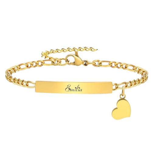 Gamtic Personalisiertes Armband Damen mit Gravur - Edelstahl Figaro Kettenarmband Herz Charm Verstellbar Armkette Valentinstag Muttertag Geburtstags Weihnachten Geschenk für Damen Mädchen (Vergoldet) von Gamtic