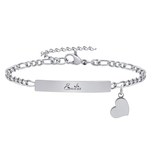Gamtic Personalisiertes Armband Damen mit Gravur - Edelstahl Figaro Kettenarmband Herz Charm Verstellbar Armkette Valentinstag Muttertag Geburtstags Weihnachten Geschenk für Damen Mädchen (Silber) von Gamtic