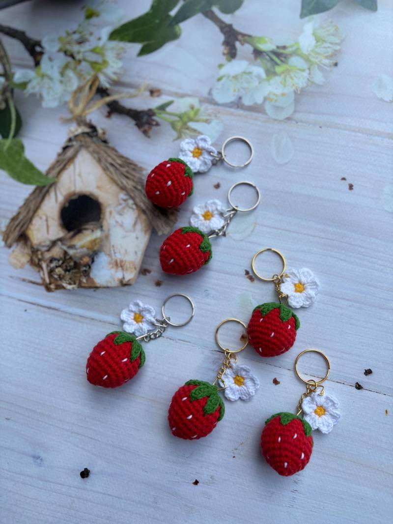 Handgemachte Erdbeer Schlüsselanhänger Amigurumi Strawberry Handmade Geschenkidee von GamzeliworldShop