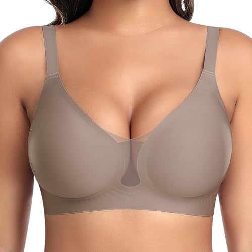 BH Damen Ohne Bügel Nahtloser Glatter Weicher BH Modische Spitze Mesh Tiefes V-Ausschnitt Bequemer BHS Gepolsterter BHS Bustier Bügellos Soft Bra Seamless Bralette T-Shirt (Grau, L) von Ganado