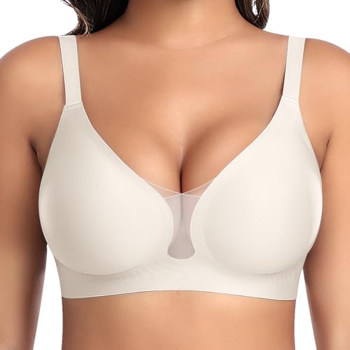 BH Damen Ohne Bügel Nahtloser Glatter Weicher BH Modische Spitze Mesh Tiefes V-Ausschnitt Bequemer BHS Gepolsterter BHS Bustier Bügellos Soft Bra Seamless Bralette T-Shirt (Weiß, L) von Ganado