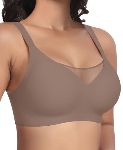 Damen Nahtloser BH Ohne Bügel Mit Modischer Mesh Glatter Weicher Bequemer BH Gepolsterter BH Bustier Bügellos Soft Bra Seamless Bralette T-Shirt (Kaffee-Rundtüll, M) von Ganado