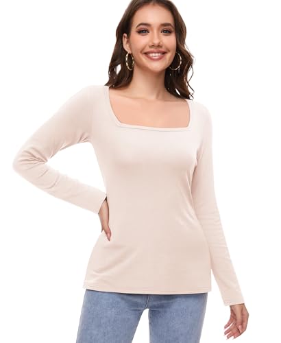 Damen Thermo Oberteil Langarmshirt Thermounterwäsche Thermo Unterwäsche Thermoshirt Thermohemd Thermal Langarm Unterhemd Basic Shirt Innenfleece Winter (Beige, XL) von Ganado