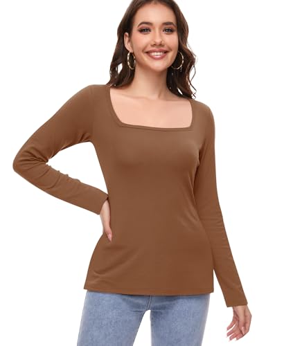 Damen Thermo Oberteil Langarmshirt Thermounterwäsche Thermo Unterwäsche Thermoshirt Thermohemd Thermal Langarm Unterhemd Basic Shirt Innenfleece Winter (Kaffee, L) von Ganado