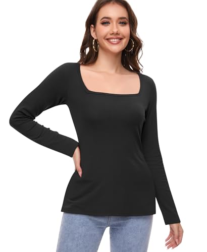 Damen Thermo Oberteil Langarmshirt Thermounterwäsche Thermo Unterwäsche Thermoshirt Thermohemd Thermal Langarm Unterhemd Basic Shirt Innenfleece Winter (Schwarz, L) von Ganado