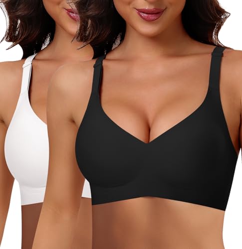 Damen BH Ohne Bügel Nahtloser BH Bequeme Weiche Glatte BHS Bügellose BHS Tiefem V-Ausschnitt Bralette Soft Bra Bustier (Schwarz+Weiß, M) von Ganado