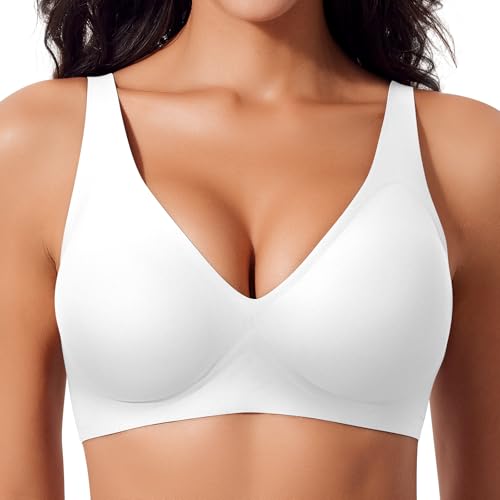 Ganado Damen BH Tiefem V-Ausschnitt Nahtloser BH Ohne Bügel Push Up BHS Bralette Soft Bequem BHS Bügellos Bustier (Weiß, L) von Ganado