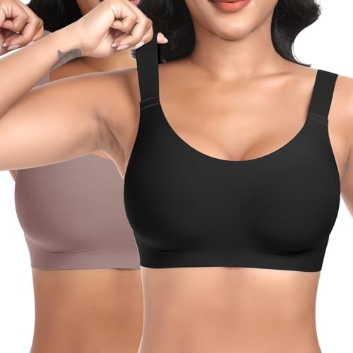 Ganado Damen BH Tiefem V-Ausschnitt Nahtloser BH Soft Bequem Bügellos Bustier (Schwarz+Braun-Nahtlos, XL) von Ganado