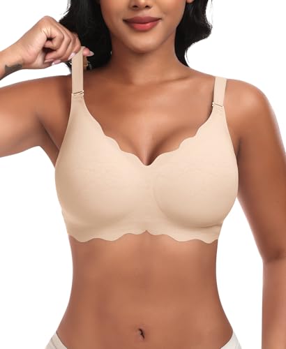 Ganado Damen Nahtloser BH Ohne Bügel Tiefem V-Ausschnitt gewellte Ränder Push Up BH Bralette Soft Bequem BHS Bügellos Bustier (Beige-Doppel Vorderwelle, XL) von Ganado