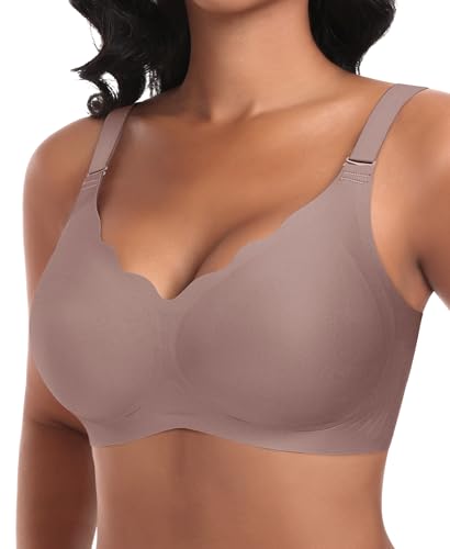 Ganado Damen Nahtloser BH Ohne Bügel Tiefem V-Ausschnitt gewellte Ränder Bequemer BH Bralette Soft BHS Bügellos Bustier Bra (Braun-Vordere Welle, S) von Ganado