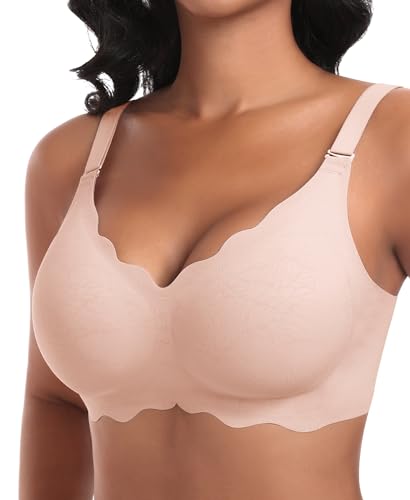 Ganado Damen Nahtloser BH Ohne Bügel Tiefem V-Ausschnitt gewellte Ränder Push Up BH Bralette Soft Bequem BHS Bügellos Bustier (Rosa-Doppel Vorderwelle, L) von Ganado