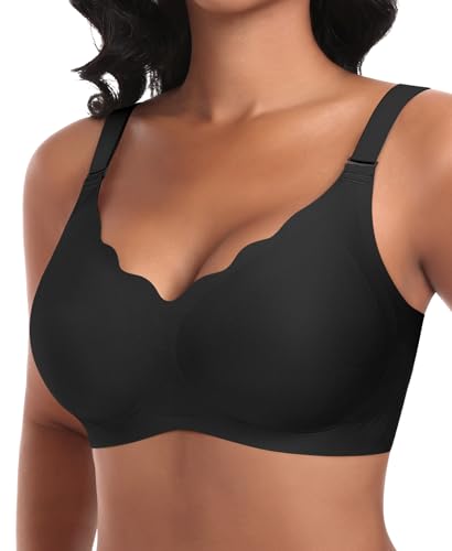Ganado Damen Nahtloser BH Ohne Bügel Tiefem V-Ausschnitt gewellte Ränder Push Up BH Bralette Soft Bequem BHS Bügellos Bustier (Schwarz-Vordere Welle, 3XL) von Ganado