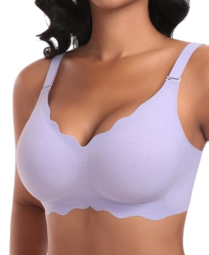 Ganado Damen Nahtloser BH Ohne Bügel Tiefem V-Ausschnitt gewellte Ränder Push Up BH Bralette Soft Bequem BHS Bügellos Bustier (Violett-Doppel Vorderwelle, XL) von Ganado