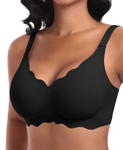Ganado Damen Nahtloser BH Ohne Bügel Tiefem V-Ausschnitt gewellte Ränder Bequemer BH Bralette Soft BHS Bügellos Bustier Bra (Schwarz-Doppel Vorderwelle, 3XL) von Ganado