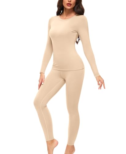 Ganado Thermounterwäsche Set Damen Innenfleece Thermowäsche Thermo Oberteil und Thermohose Leggings Winter Warm Unterwäsche Funktionsunterwäsche (Beige, L) von Ganado