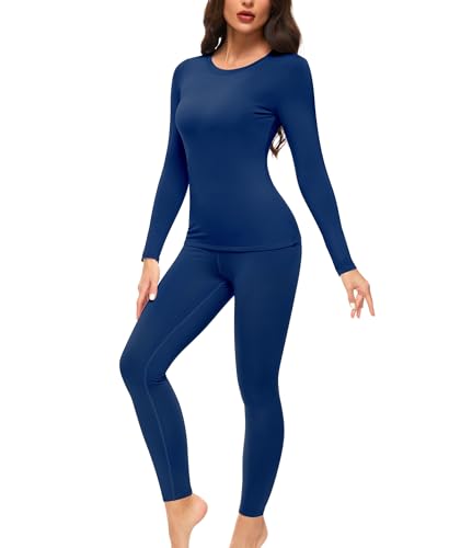 Ganado Thermounterwäsche Set Damen Innenfleece Thermowäsche Thermo Oberteil und Thermohose Leggings Winter Warm Unterwäsche Funktionsunterwäsche (Blau, XL) von Ganado