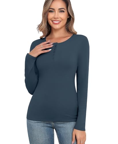 Langarmshirt Damen Oberteil Basic Langärmeliges T-Shirt Elegant Thermo Oberteil Langarm Unterhemd Thermounterwäsche Thermoshirt (Dunkelblau, XS) von Ganado