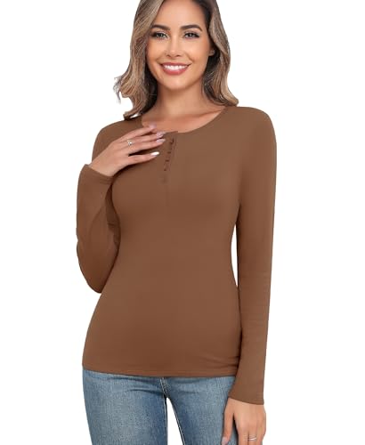 Langarmshirt Damen Oberteil Basic Langärmeliges T-Shirt Elegant Thermo Oberteil Langarm Unterhemd Thermounterwäsche Thermoshirt (Kaffee, L) von Ganado