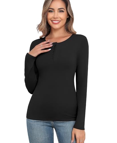 Langarmshirt Damen Oberteil Basic Langärmeliges T-Shirt Elegant Thermo Oberteil Langarm Unterhemd Thermounterwäsche Thermoshirt (Schwarz, 2XL) von Ganado