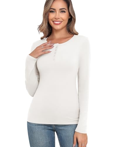 Langarmshirt Damen Oberteil Basic Langärmeliges T-Shirt Elegant Thermo Oberteil Langarm Unterhemd Thermounterwäsche Thermoshirt (Weiß, XL) von Ganado