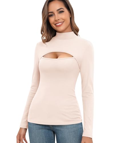 Langarmshirt Damen Thermo Oberteil Thermounterwäsche Basic Langarm Rollkragenshirt Stehkragen T-Shirt Thermoshirt Elegant Innenfleece Langärmeliges Unterhemd Rollkragenpullover (Beige, L) von Ganado