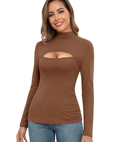 Langarmshirt Damen Thermo Oberteil Thermounterwäsche Basic Langarm Rollkragenshirt Stehkragen T-Shirt Thermoshirt Elegant Innenfleece Langärmeliges Unterhemd Rollkragenpullover (Kaffee, 2XL) von Ganado