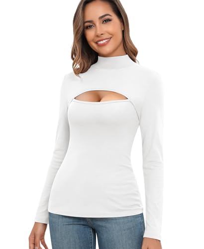 Langarmshirt Damen Thermo Oberteil Thermounterwäsche Basic Langarm Rollkragenshirt Stehkragen T-Shirt Thermoshirt Elegant Innenfleece Langärmeliges Unterhemd Rollkragenpullover (Weiß, XL) von Ganado