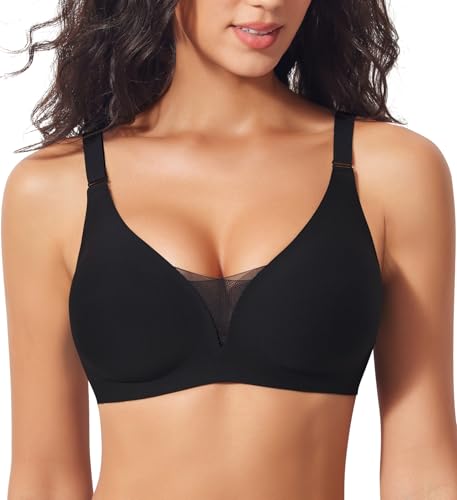 Ganado Modischer Mesh BH Damen Nahtloser BH ohne Bügel Bequem BHS Tiefem V-Ausschnitt Bügellos BHS Soft Bra Gepolstert Bralette (Schwarz, L) von Ganado