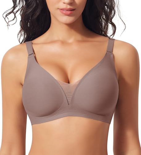 Ganado Modischer Mesh BH Damen Nahtloser BH ohne Bügel Bequem BHS Tiefem V-Ausschnitt Bügellos BHS Soft Bra Gepolstert Bralette (Braun, 3XL) von Ganado