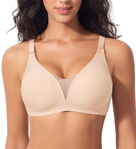Ganado Modischer Mesh BH Damen Nahtloser BH ohne Bügel Bequem BHS Tiefem V-Ausschnitt Bügellos BHS Soft Bra Gepolstert Bralette (Beige, M) von Ganado