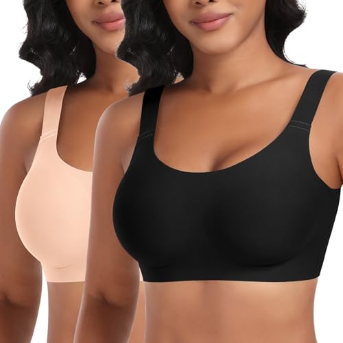 Nahtloser BH Damen Ohne Bügel Glatt Komfort Vollschalen Gepolstert Bustier Weicher BH Bequemer T-Shirt Soft BH Bra Bralette (Schwarz+Beige, 3XL) von Ganado