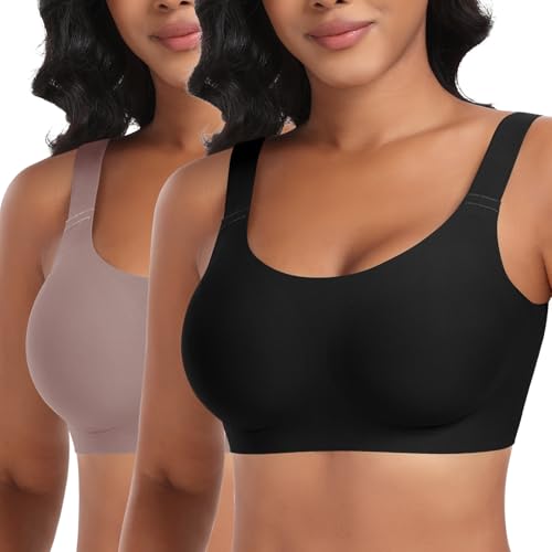 Nahtloser BH Damen Ohne Bügel Glatt Komfort Vollschalen Gepolstert Bustier Weicher BH Bequemer T-Shirt Soft BH Bra Bralette (Schwarz+Braun, L) von Ganado