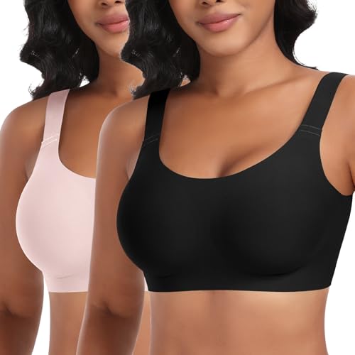 Nahtloser BH Damen Ohne Bügel Glatt Komfort Vollschalen Gepolstert Bustier Weicher BH Bequemer T-Shirt Soft BH Bra Bralette (Schwarz+Pink, 3XL) von Ganado
